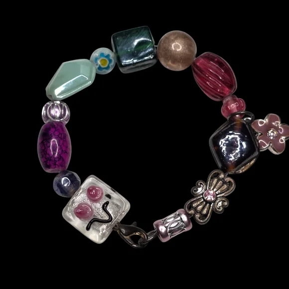 Vintage Artisan Hand Crafted Assorted Mixed Handmade Art Glass Beaded Bracelet - Picture 3 of 9